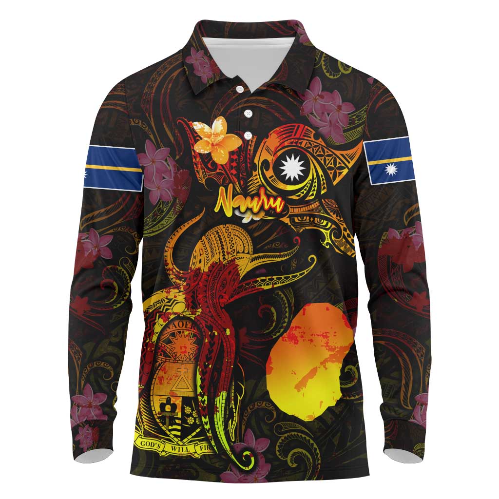 Nauru Long Sleeve Polo Shirt Octopus Plumeria Polynesian Tattoo DT02 Black - Polynesian Pride
