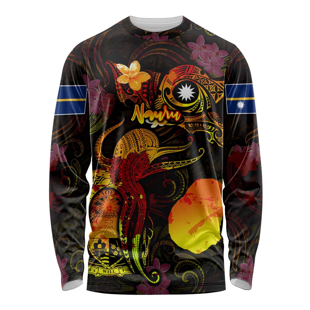 Nauru Long Sleeve Shirt Octopus Plumeria Polynesian Tattoo DT02 Unisex Black - Polynesian Pride
