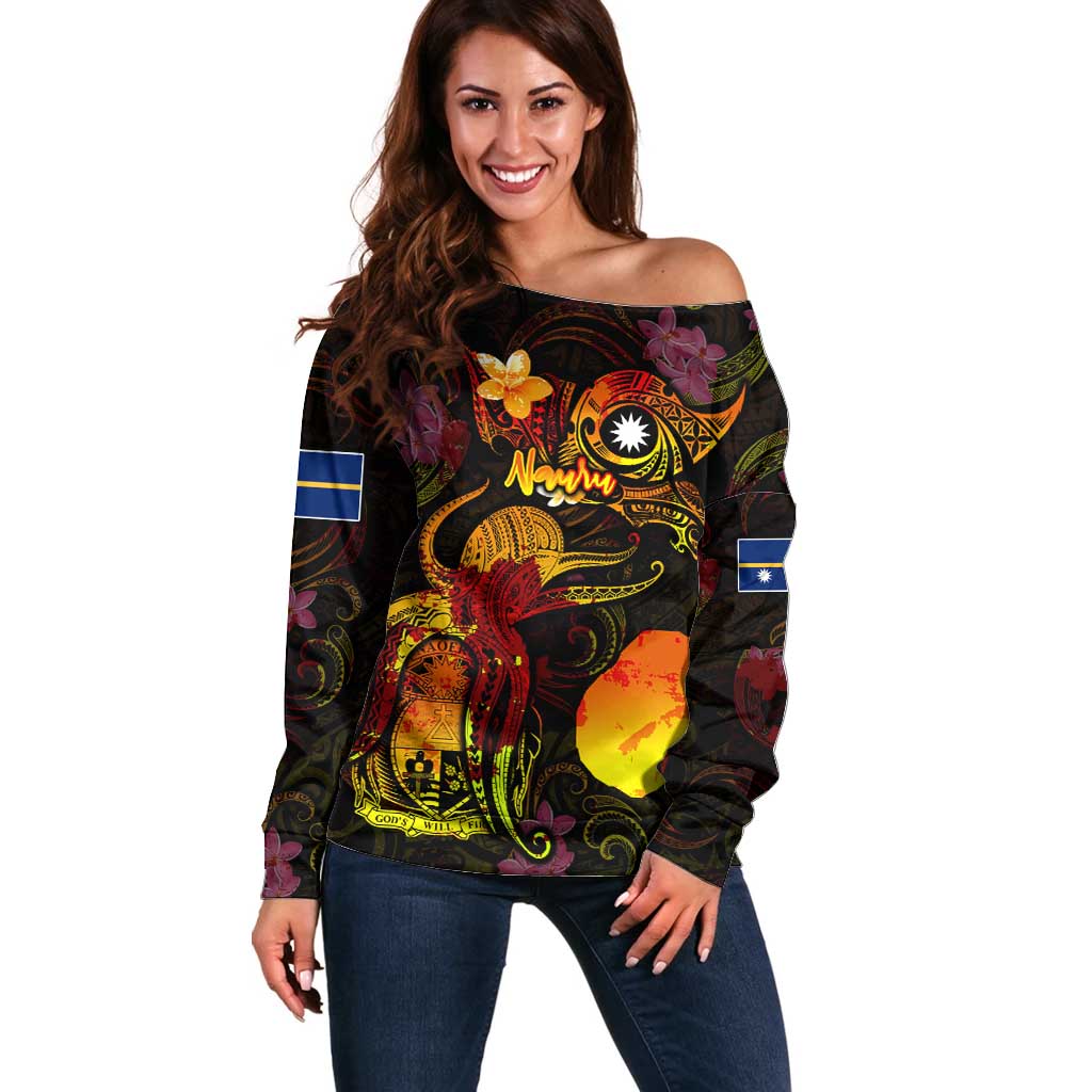 Nauru Off Shoulder Sweater Octopus Plumeria Polynesian Tattoo