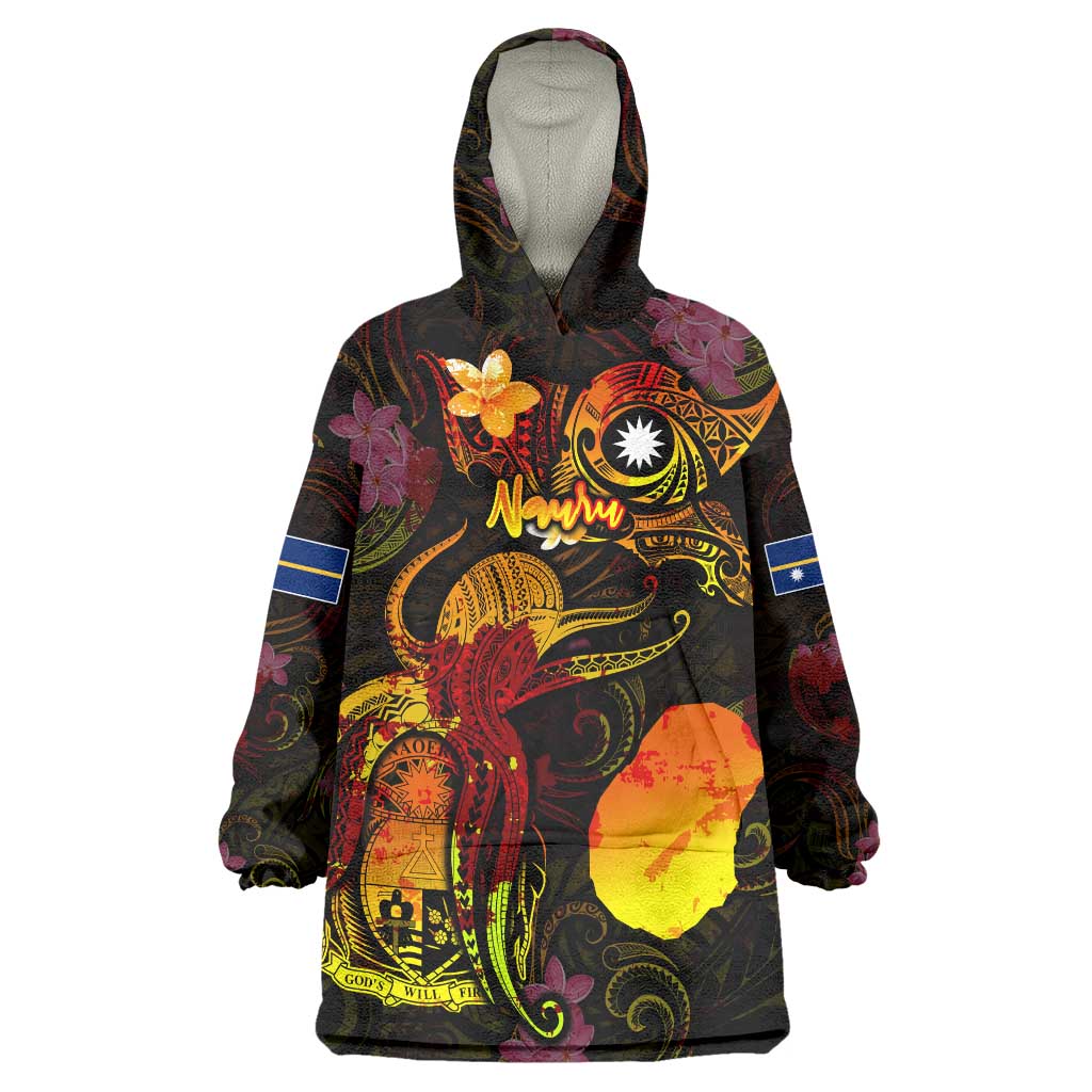 Nauru Wearable Blanket Hoodie Octopus Plumeria Polynesian Tattoo DT02 One Size Black - Polynesian Pride