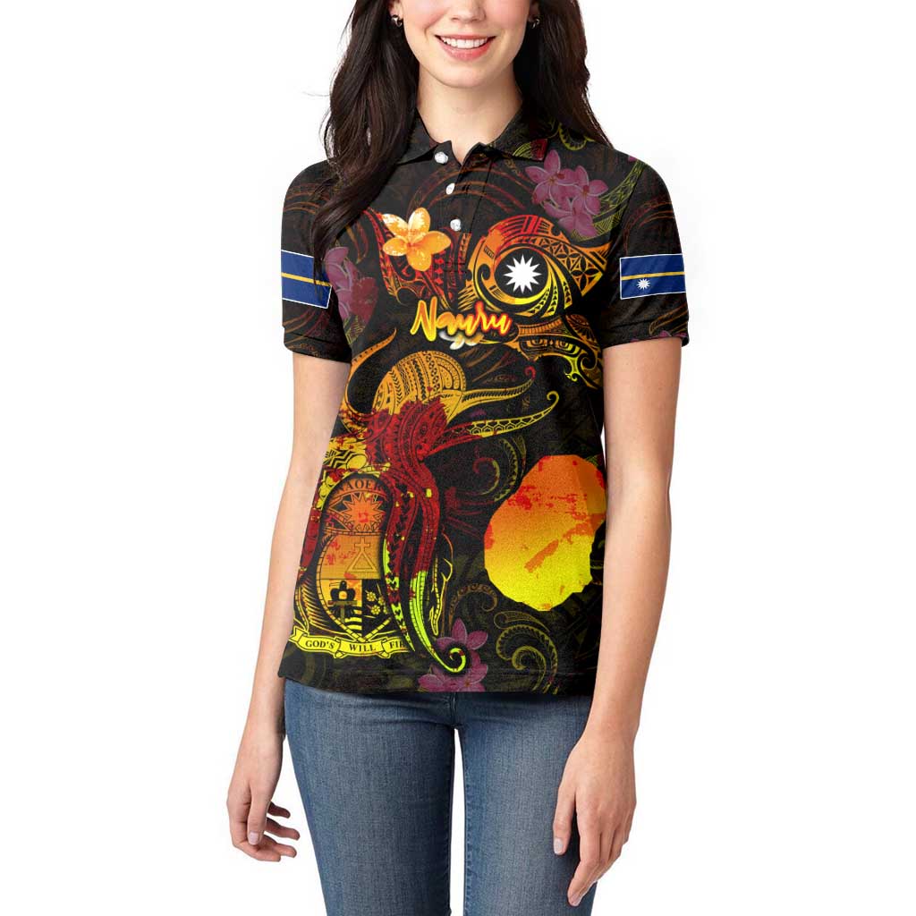 Nauru Women Polo Shirt Octopus Plumeria Polynesian Tattoo
