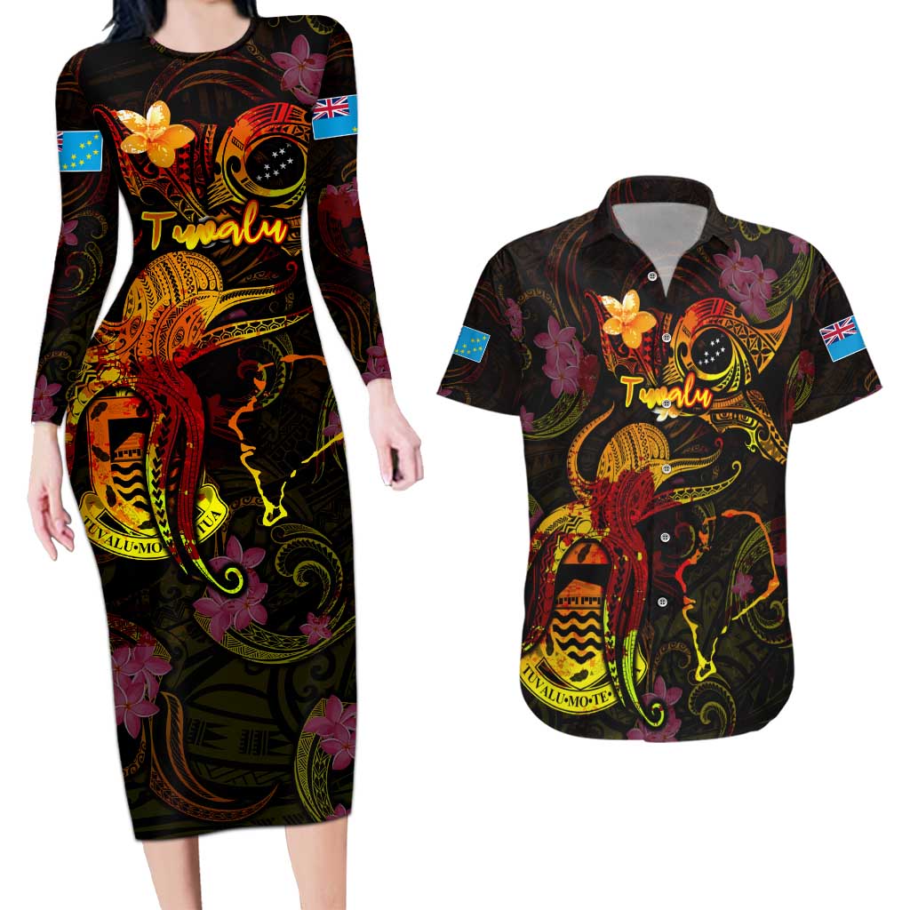 Tuvalu Couples Matching Long Sleeve Bodycon Dress and Hawaiian Shirt Octopus Plumeria Polynesian Tattoo