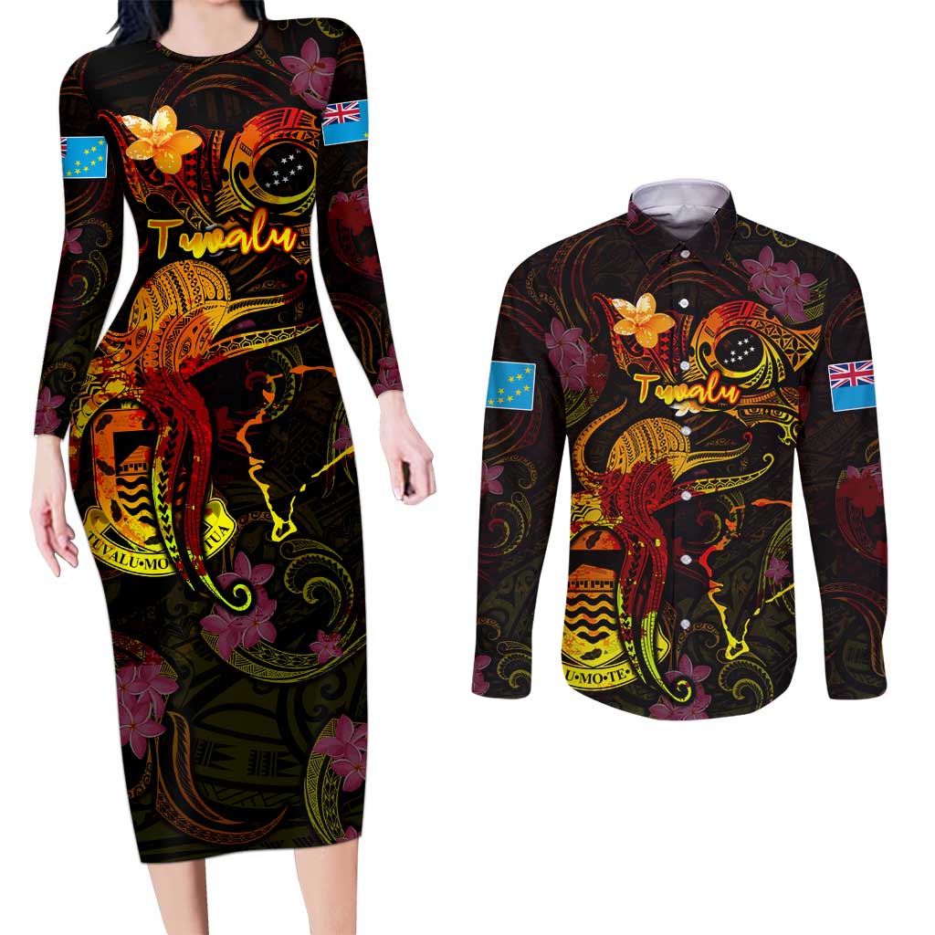 Tuvalu Couples Matching Long Sleeve Bodycon Dress and Long Sleeve Button Shirt Octopus Plumeria Polynesian Tattoo