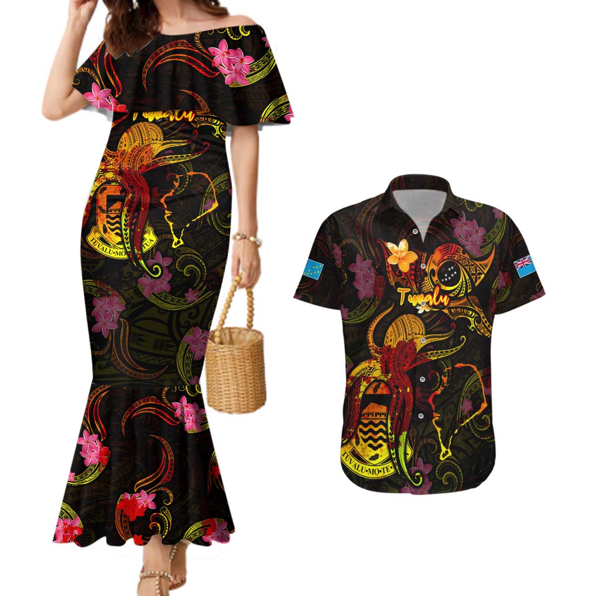 Tuvalu Couples Matching Mermaid Dress and Hawaiian Shirt Octopus Plumeria Polynesian Tattoo