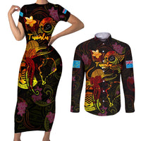 Tuvalu Couples Matching Short Sleeve Bodycon Dress and Long Sleeve Button Shirt Octopus Plumeria Polynesian Tattoo