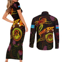 Tuvalu Couples Matching Short Sleeve Bodycon Dress and Long Sleeve Button Shirt Octopus Plumeria Polynesian Tattoo