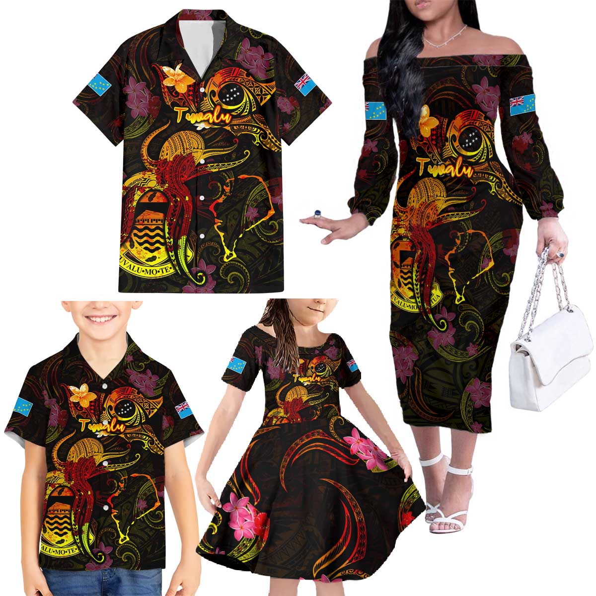 Tuvalu Family Matching Off The Shoulder Long Sleeve Dress and Hawaiian Shirt Octopus Plumeria Polynesian Tattoo