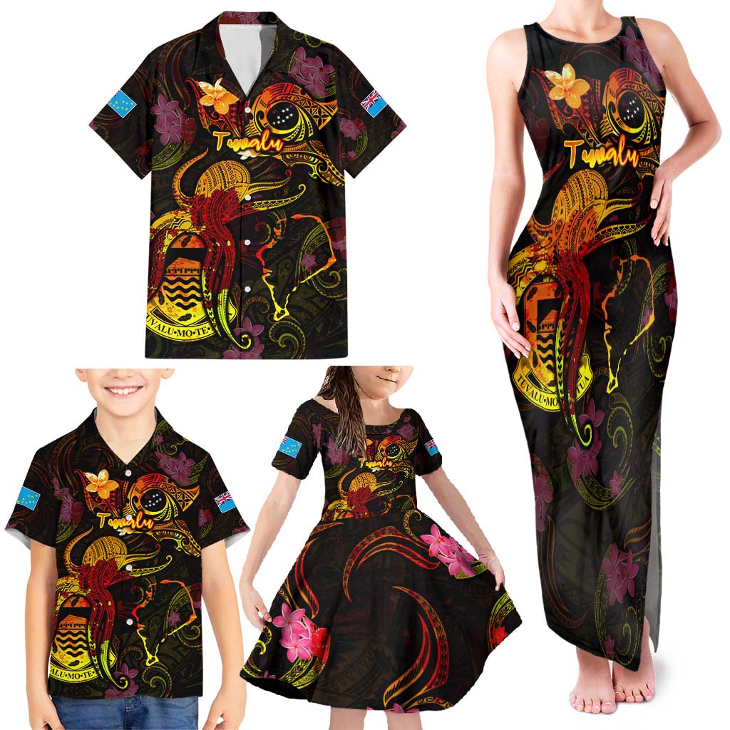 Tuvalu Family Matching Tank Maxi Dress and Hawaiian Shirt Octopus Plumeria Polynesian Tattoo