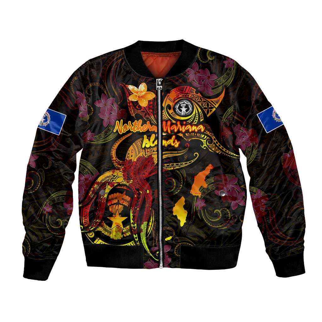 Northern Mariana Islands Bomber Jacket Octopus Plumeria Polynesian Tattoo DT02 Unisex Black - Polynesian Pride