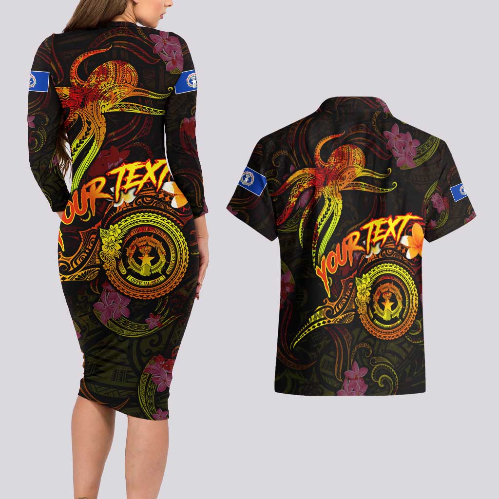 Northern Mariana Islands Couples Matching Long Sleeve Bodycon Dress and Hawaiian Shirt Octopus Plumeria Polynesian Tattoo