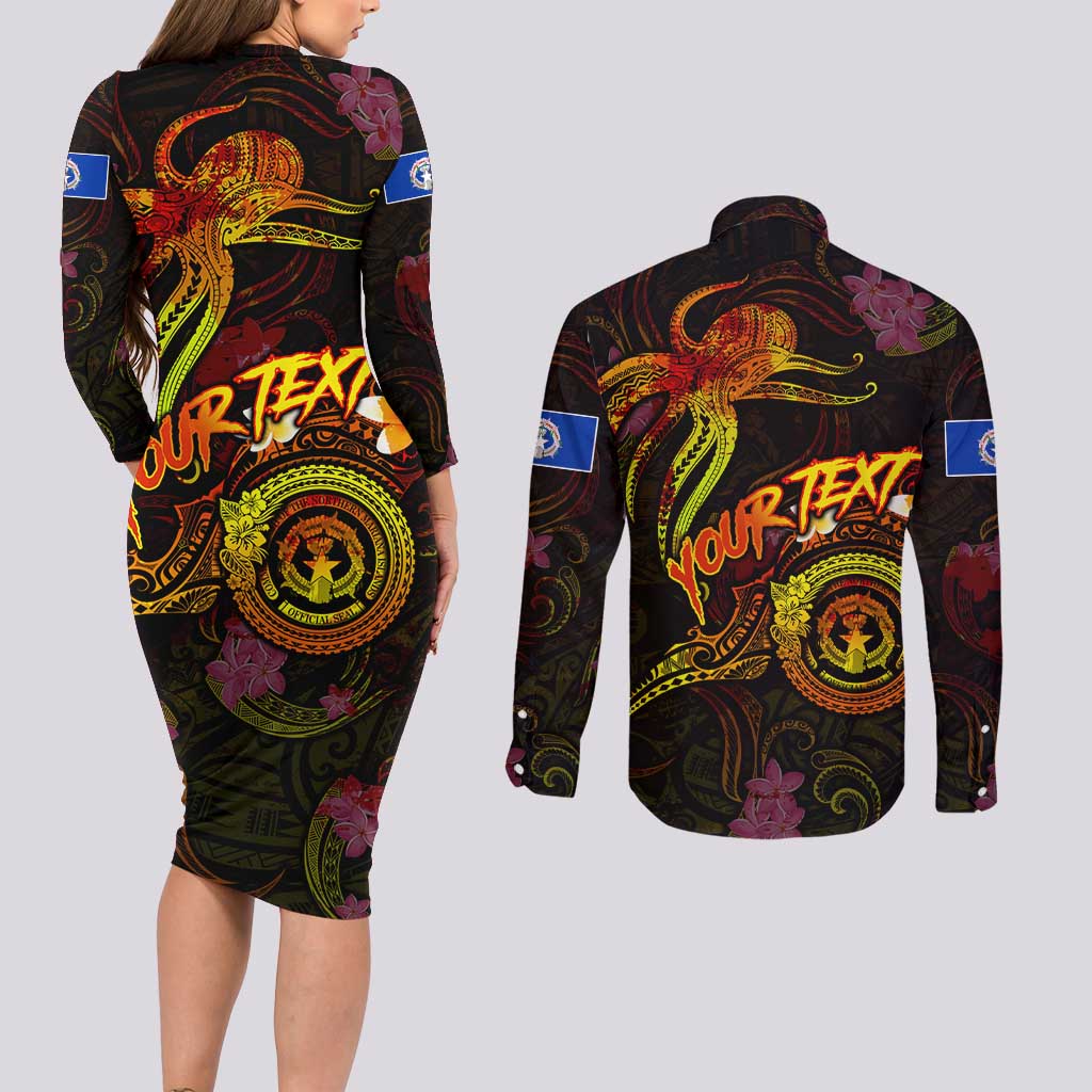 Northern Mariana Islands Couples Matching Long Sleeve Bodycon Dress and Long Sleeve Button Shirt Octopus Plumeria Polynesian Tattoo