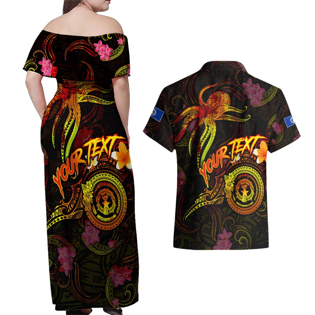 Northern Mariana Islands Couples Matching Off Shoulder Maxi Dress and Hawaiian Shirt Octopus Plumeria Polynesian Tattoo