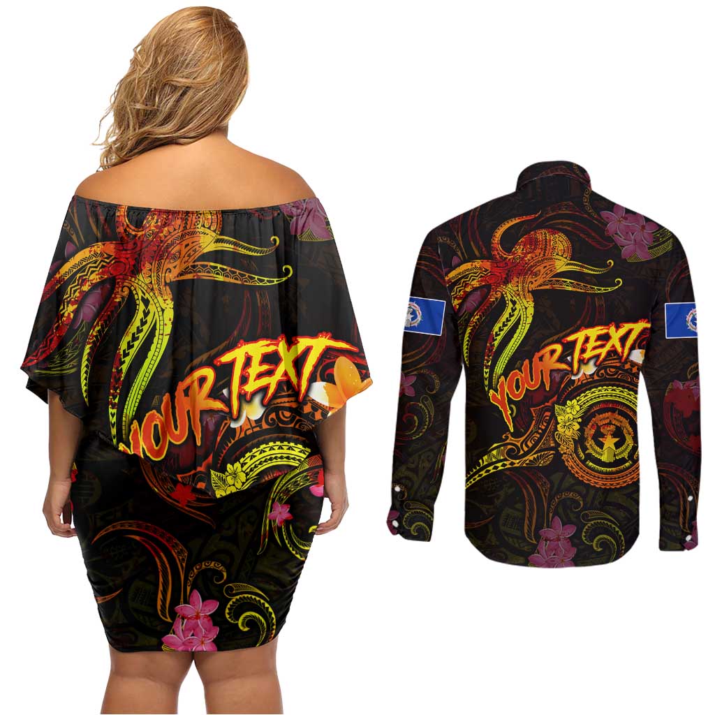 Northern Mariana Islands Couples Matching Off Shoulder Short Dress and Long Sleeve Button Shirt Octopus Plumeria Polynesian Tattoo