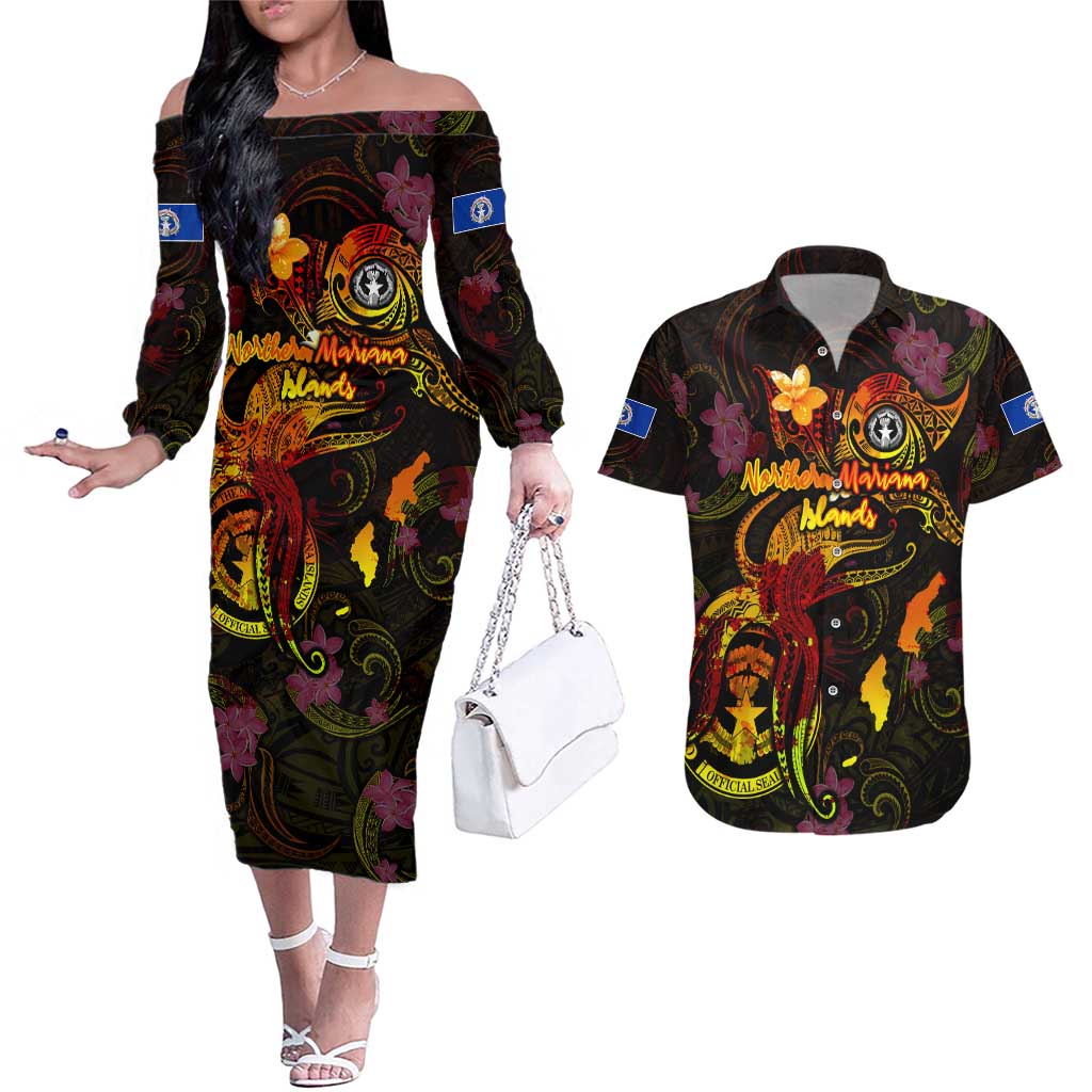 Northern Mariana Islands Couples Matching Off The Shoulder Long Sleeve Dress and Hawaiian Shirt Octopus Plumeria Polynesian Tattoo