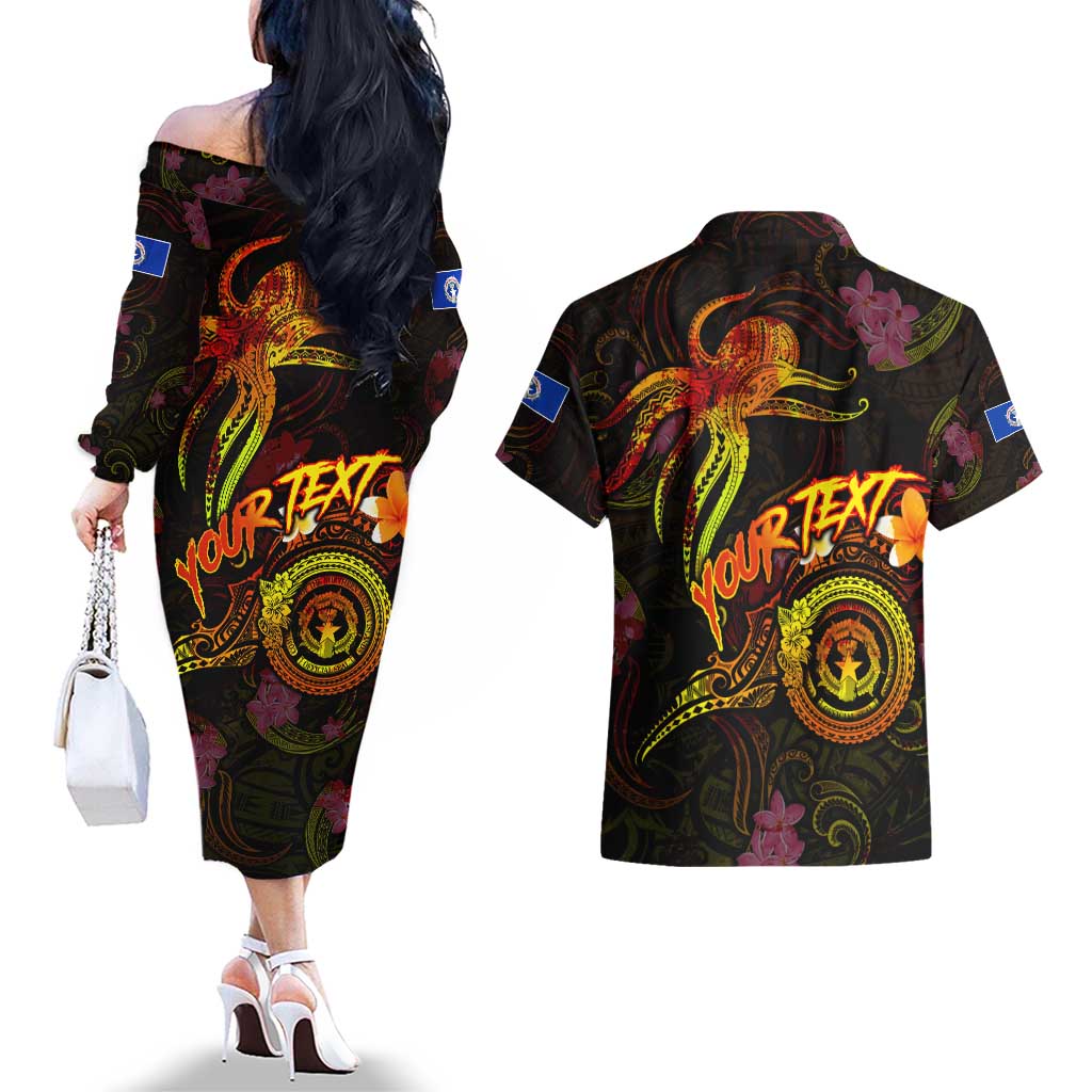 Northern Mariana Islands Couples Matching Off The Shoulder Long Sleeve Dress and Hawaiian Shirt Octopus Plumeria Polynesian Tattoo