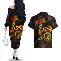 Northern Mariana Islands Couples Matching Off The Shoulder Long Sleeve Dress and Hawaiian Shirt Octopus Plumeria Polynesian Tattoo