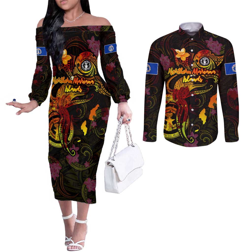 Northern Mariana Islands Couples Matching Off The Shoulder Long Sleeve Dress and Long Sleeve Button Shirt Octopus Plumeria Polynesian Tattoo DT02 Black - Polynesian Pride