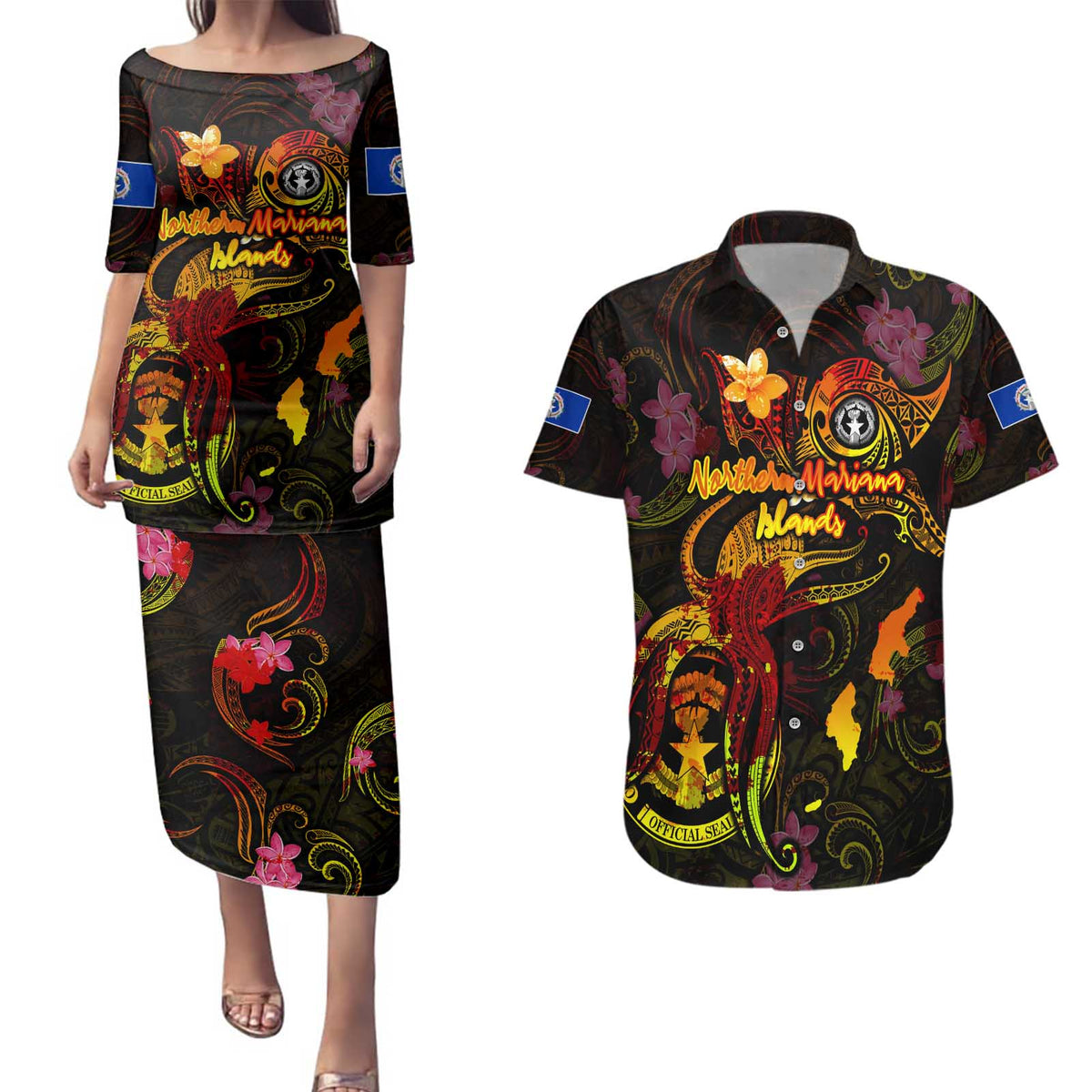 Northern Mariana Islands Couples Matching Puletasi and Hawaiian Shirt Octopus Plumeria Polynesian Tattoo