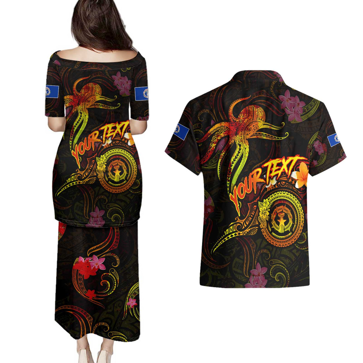 Northern Mariana Islands Couples Matching Puletasi and Hawaiian Shirt Octopus Plumeria Polynesian Tattoo