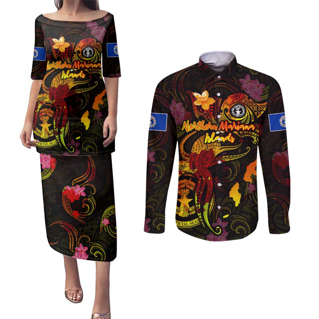 Northern Mariana Islands Couples Matching Puletasi and Long Sleeve Button Shirt Octopus Plumeria Polynesian Tattoo DT02 Black - Polynesian Pride