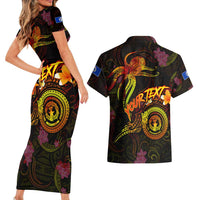 Northern Mariana Islands Couples Matching Short Sleeve Bodycon Dress and Hawaiian Shirt Octopus Plumeria Polynesian Tattoo