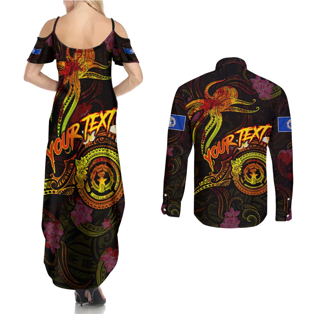 Northern Mariana Islands Couples Matching Summer Maxi Dress and Long Sleeve Button Shirt Octopus Plumeria Polynesian Tattoo
