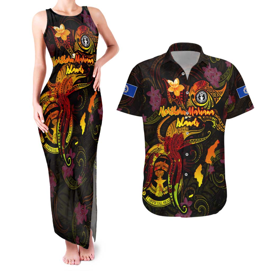 Northern Mariana Islands Couples Matching Tank Maxi Dress and Hawaiian Shirt Octopus Plumeria Polynesian Tattoo DT02 Black - Polynesian Pride