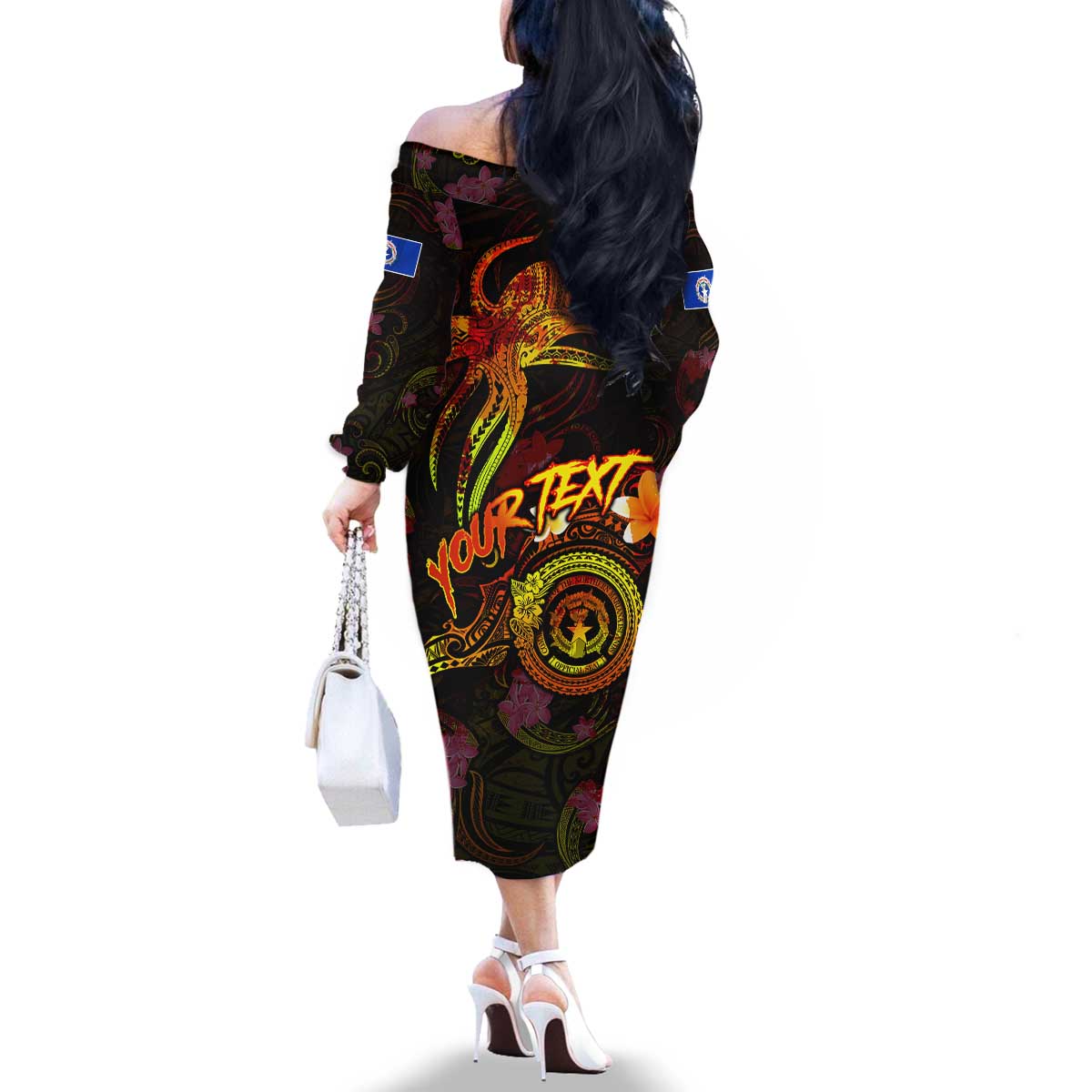Northern Mariana Islands Family Matching Off The Shoulder Long Sleeve Dress and Hawaiian Shirt Octopus Plumeria Polynesian Tattoo