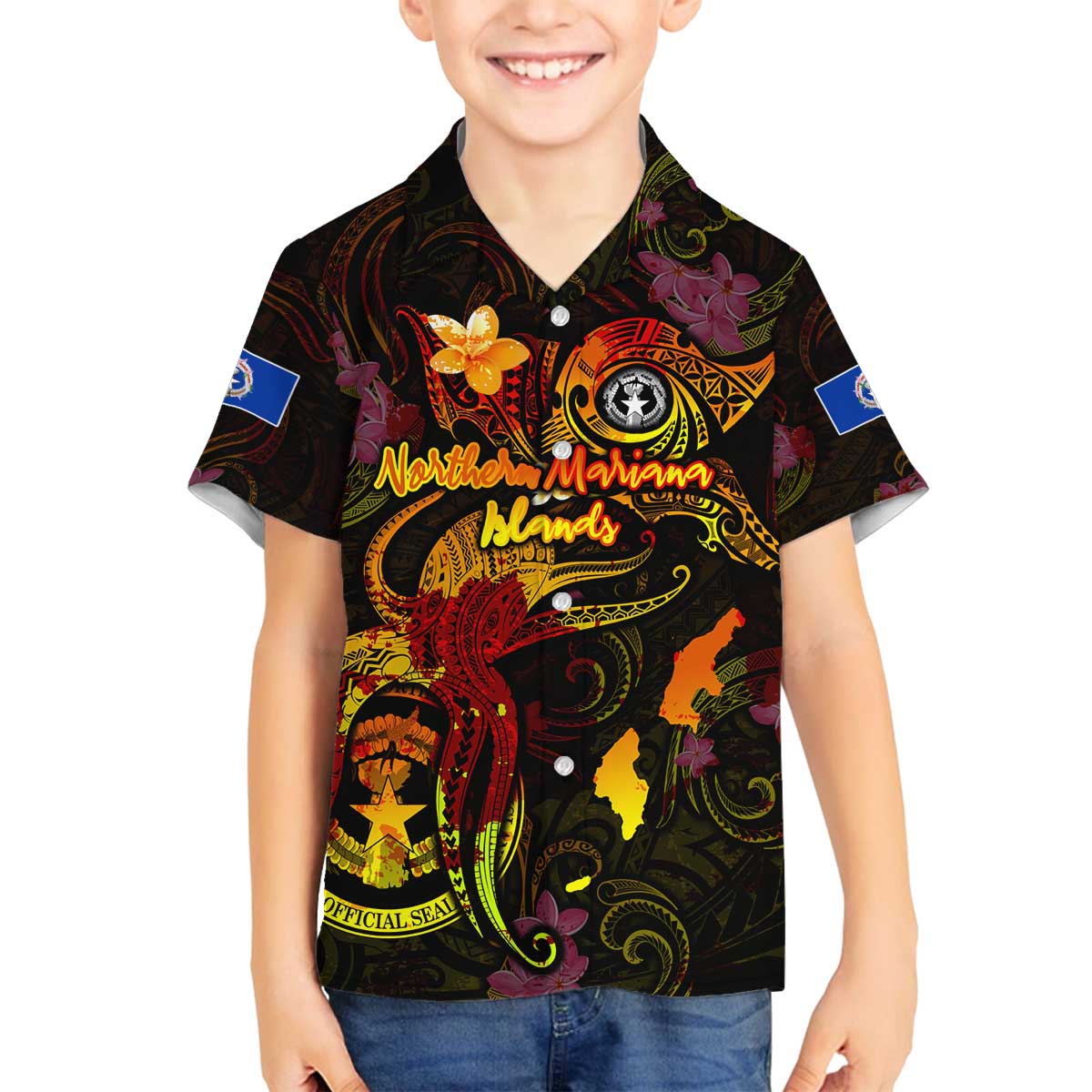 Northern Mariana Islands Family Matching Off The Shoulder Long Sleeve Dress and Hawaiian Shirt Octopus Plumeria Polynesian Tattoo