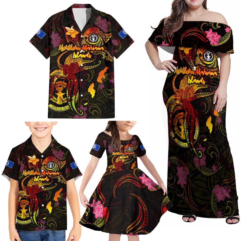 Northern Mariana Islands Family Matching Off Shoulder Maxi Dress and Hawaiian Shirt Octopus Plumeria Polynesian Tattoo