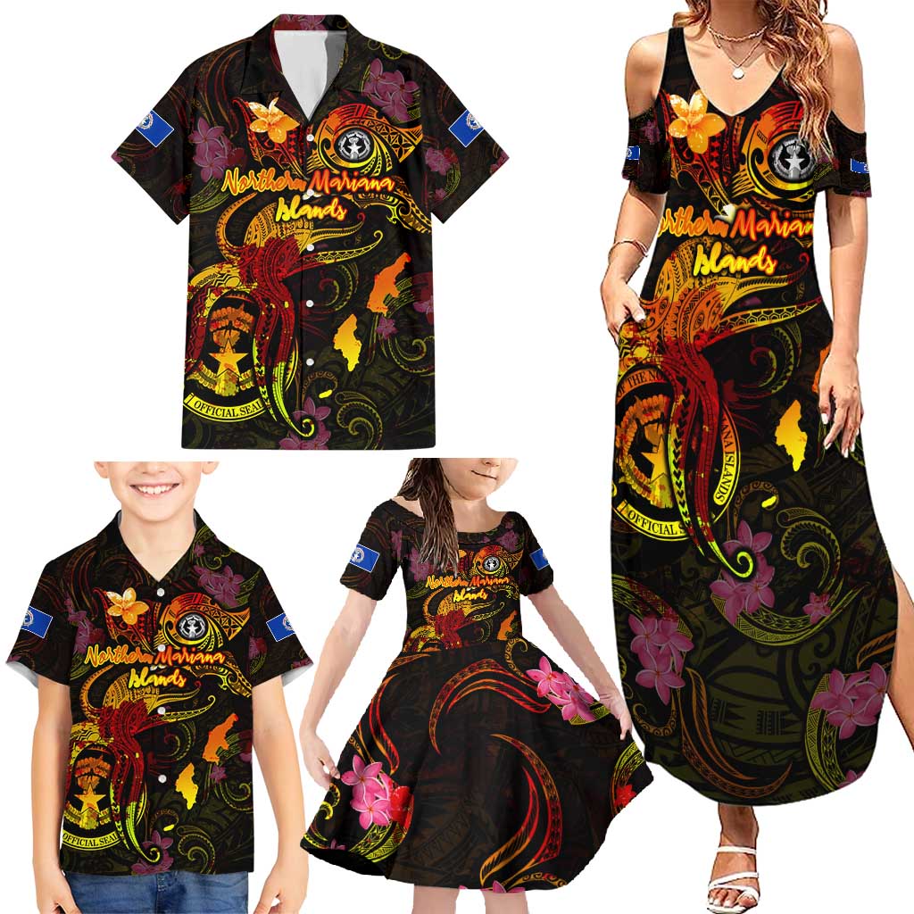 Northern Mariana Islands Family Matching Summer Maxi Dress and Hawaiian Shirt Octopus Plumeria Polynesian Tattoo