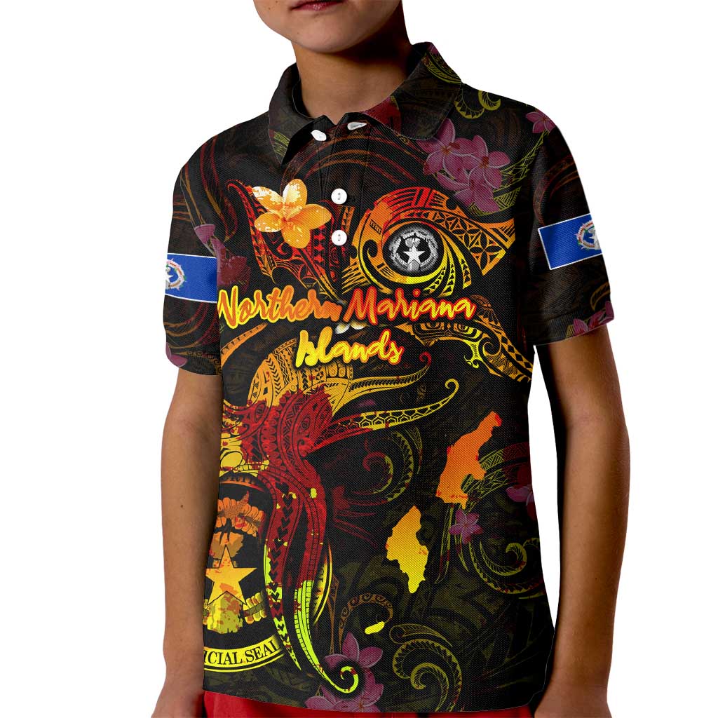 Northern Mariana Islands Kid Polo Shirt Octopus Plumeria Polynesian Tattoo DT02 Kid Black - Polynesian Pride
