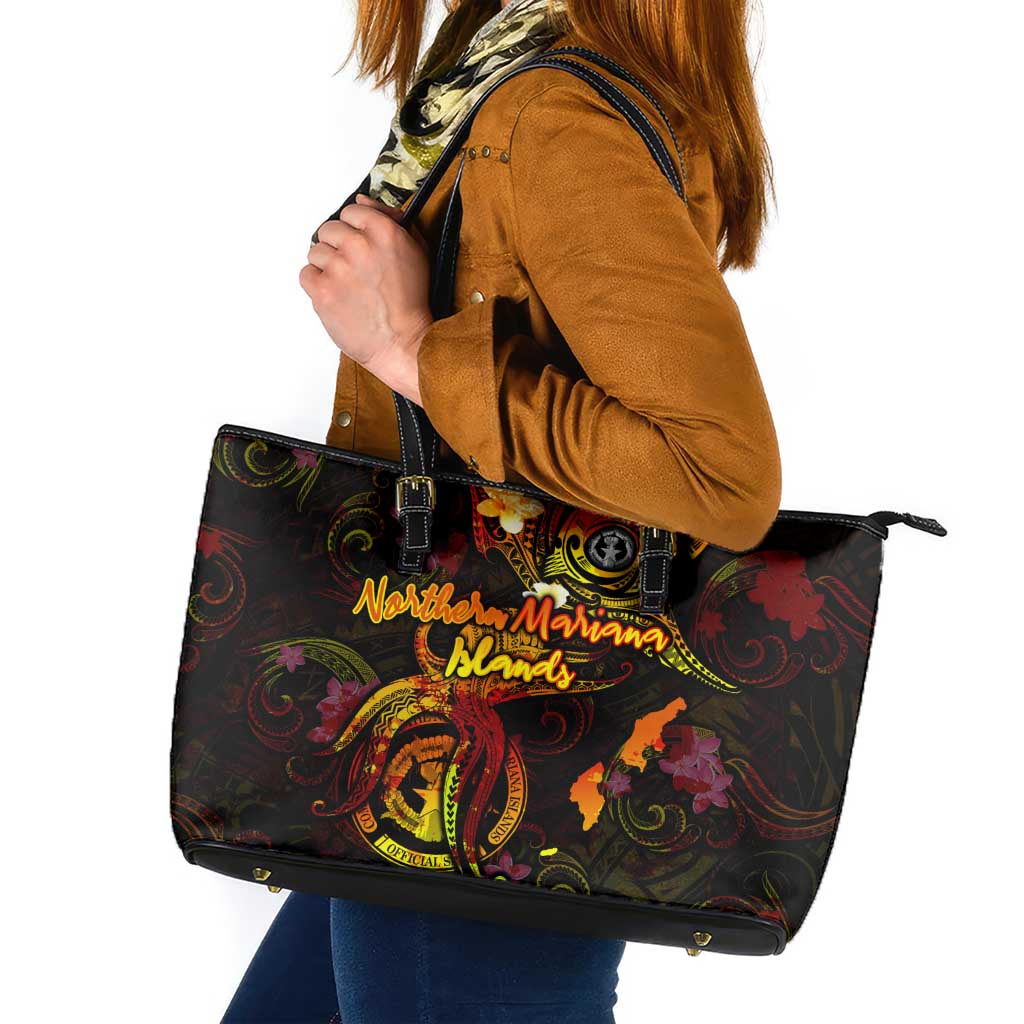 Northern Mariana Islands Leather Tote Bag Octopus Plumeria Polynesian Tattoo DT02 Black - Polynesian Pride