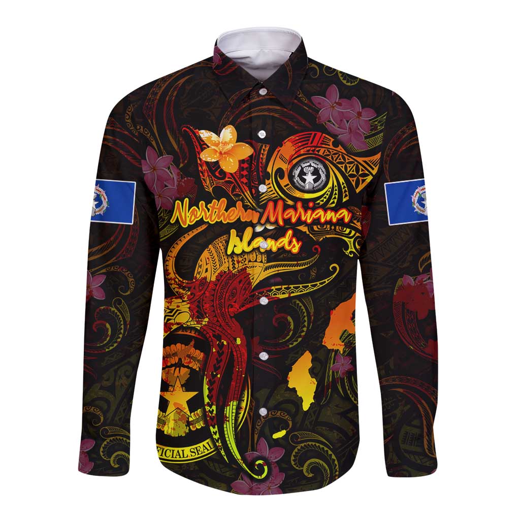 Northern Mariana Islands Long Sleeve Button Shirt Octopus Plumeria Polynesian Tattoo DT02 Unisex Black - Polynesian Pride