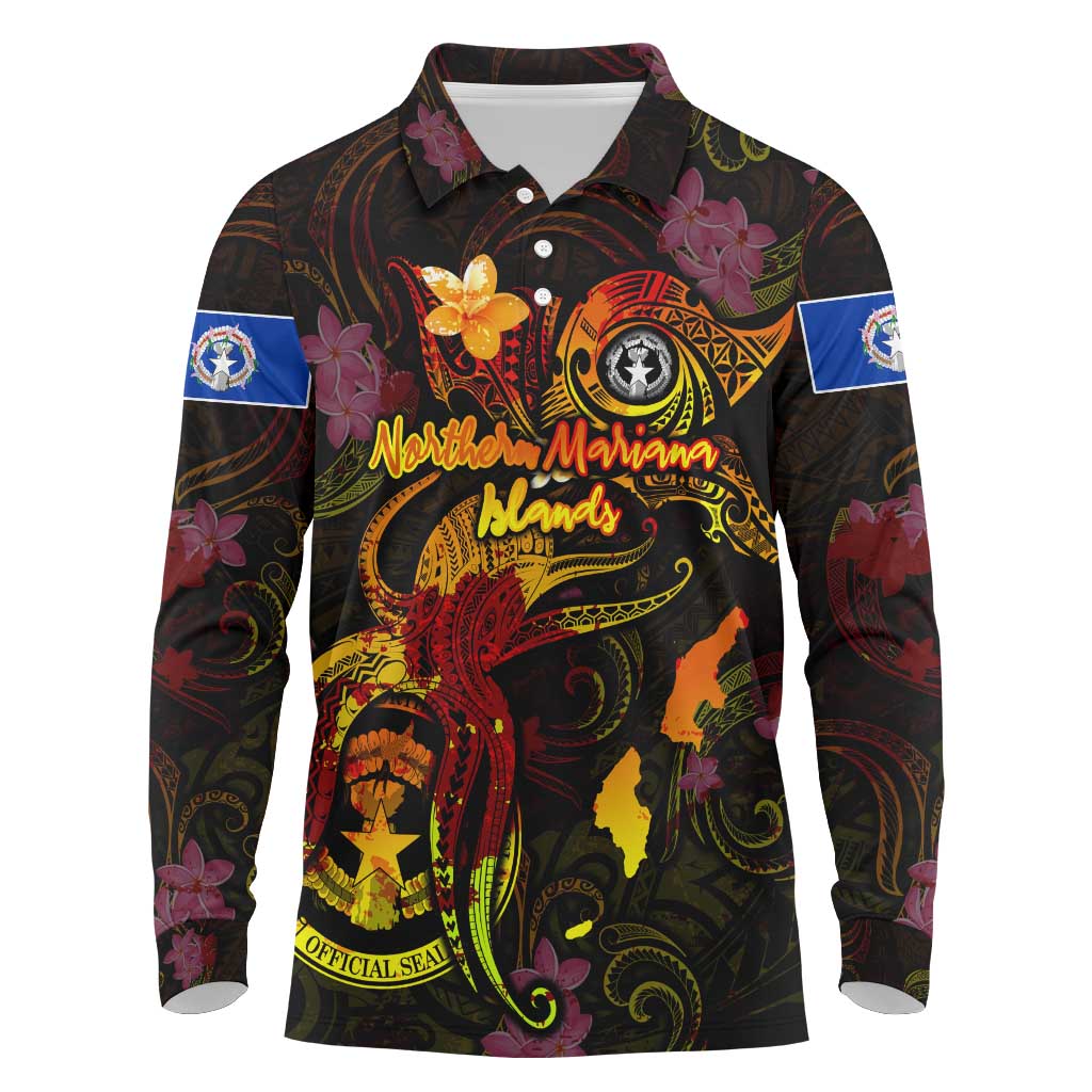 Northern Mariana Islands Long Sleeve Polo Shirt Octopus Plumeria Polynesian Tattoo DT02 Black - Polynesian Pride