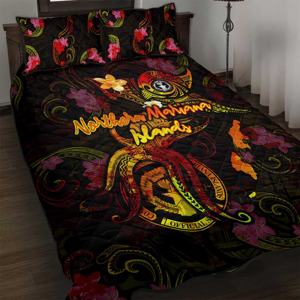 Northern Mariana Islands Quilt Bed Set Octopus Plumeria Polynesian Tattoo DT02 Black - Polynesian Pride