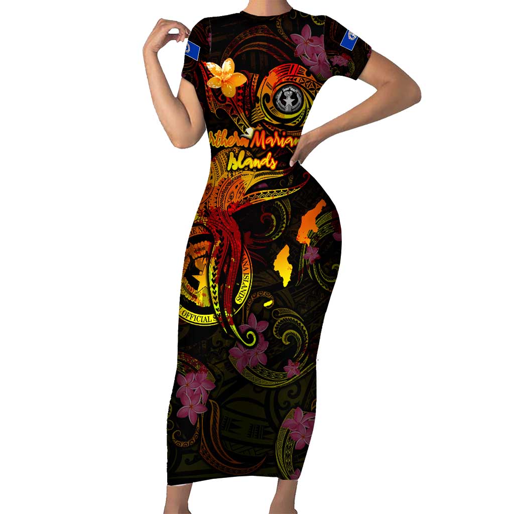 Northern Mariana Islands Short Sleeve Bodycon Dress Octopus Plumeria Polynesian Tattoo