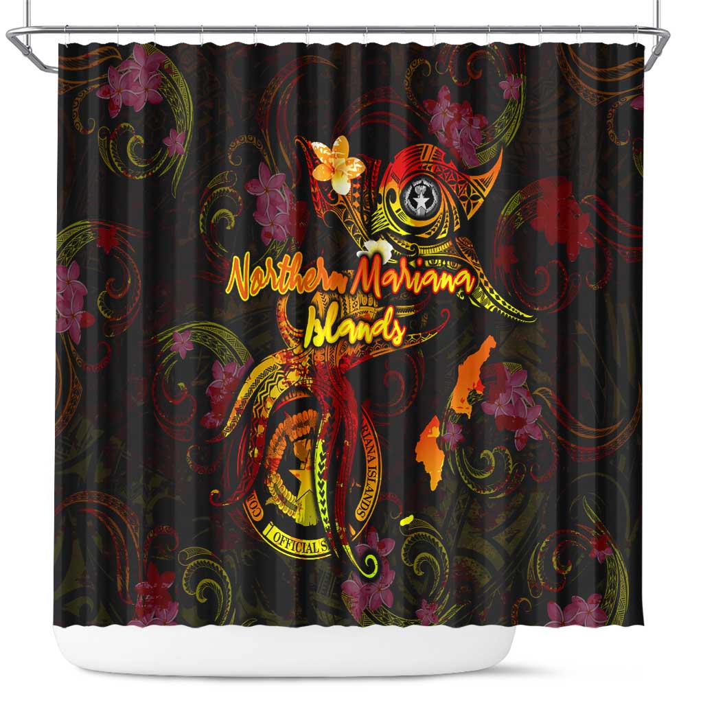 Northern Mariana Islands Shower Curtain Octopus Plumeria Polynesian Tattoo DT02 Black - Polynesian Pride
