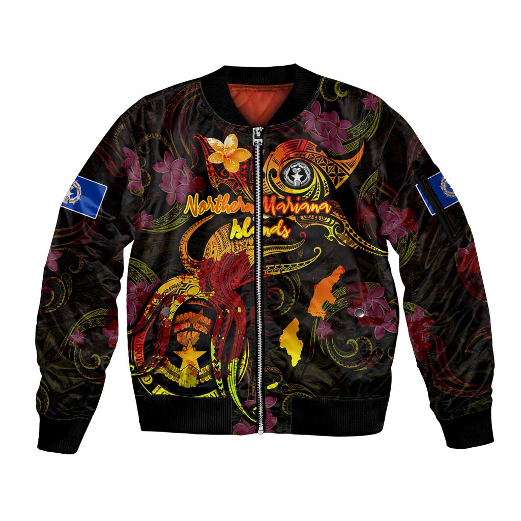 Northern Mariana Islands Sleeve Zip Bomber Jacket Octopus Plumeria Polynesian Tattoo DT02 Unisex Black - Polynesian Pride
