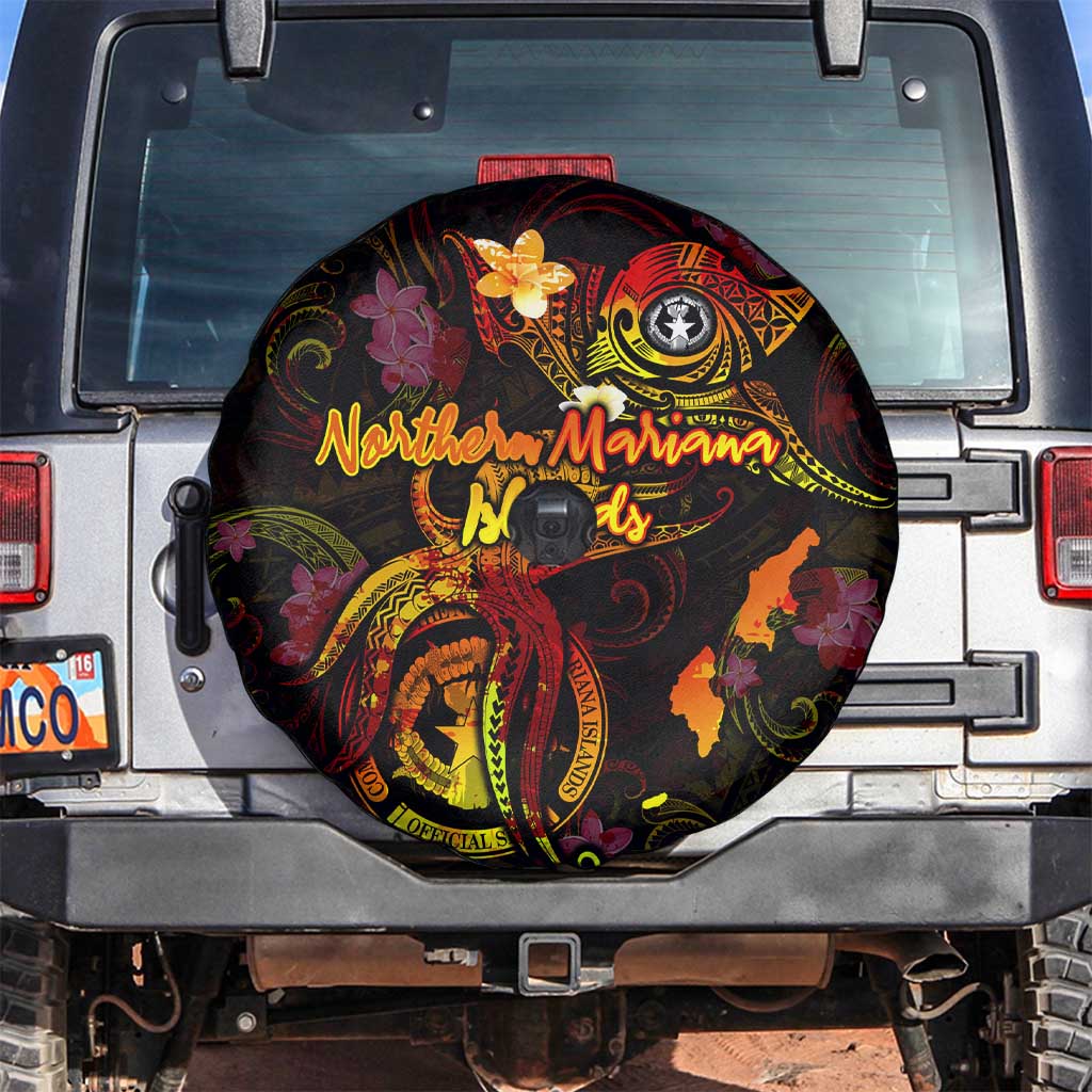 Northern Mariana Islands Spare Tire Cover Octopus Plumeria Polynesian Tattoo DT02 Black - Polynesian Pride