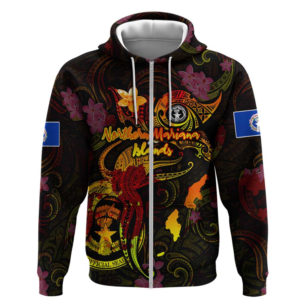 Northern Mariana Islands Zip Hoodie Octopus Plumeria Polynesian Tattoo DT02 Zip Hoodie Black - Polynesian Pride