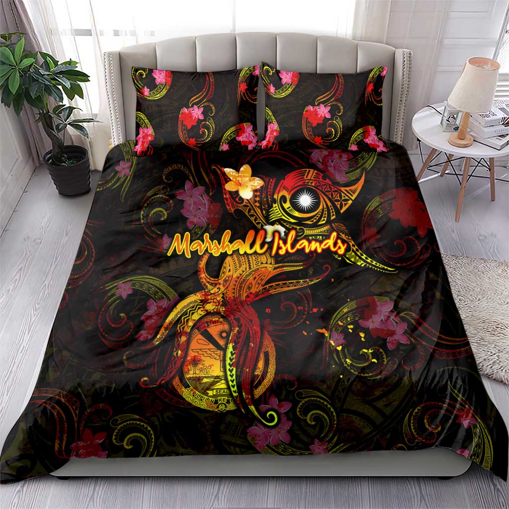 Marshall Islands Bedding Set Octopus Plumeria Polynesian Tattoo