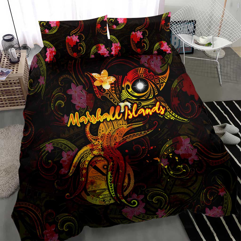 Marshall Islands Bedding Set Octopus Plumeria Polynesian Tattoo