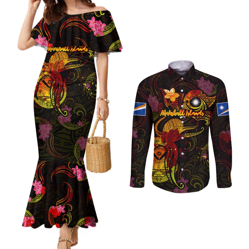 Marshall Islands Couples Matching Mermaid Dress and Long Sleeve Button Shirt Octopus Plumeria Polynesian Tattoo