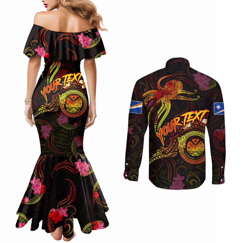 Marshall Islands Couples Matching Mermaid Dress and Long Sleeve Button Shirt Octopus Plumeria Polynesian Tattoo