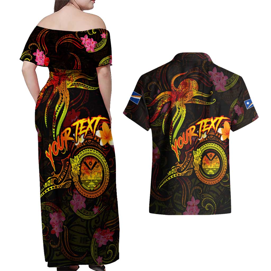 Marshall Islands Couples Matching Off Shoulder Maxi Dress and Hawaiian Shirt Octopus Plumeria Polynesian Tattoo
