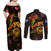 Marshall Islands Couples Matching Off Shoulder Maxi Dress and Long Sleeve Button Shirt Octopus Plumeria Polynesian Tattoo