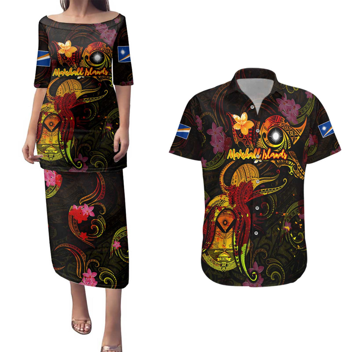 Marshall Islands Couples Matching Puletasi and Hawaiian Shirt Octopus Plumeria Polynesian Tattoo
