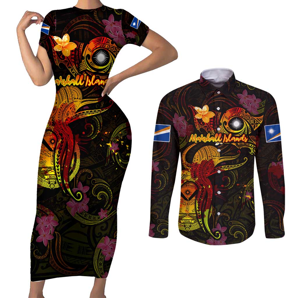 Marshall Islands Couples Matching Short Sleeve Bodycon Dress and Long Sleeve Button Shirt Octopus Plumeria Polynesian Tattoo