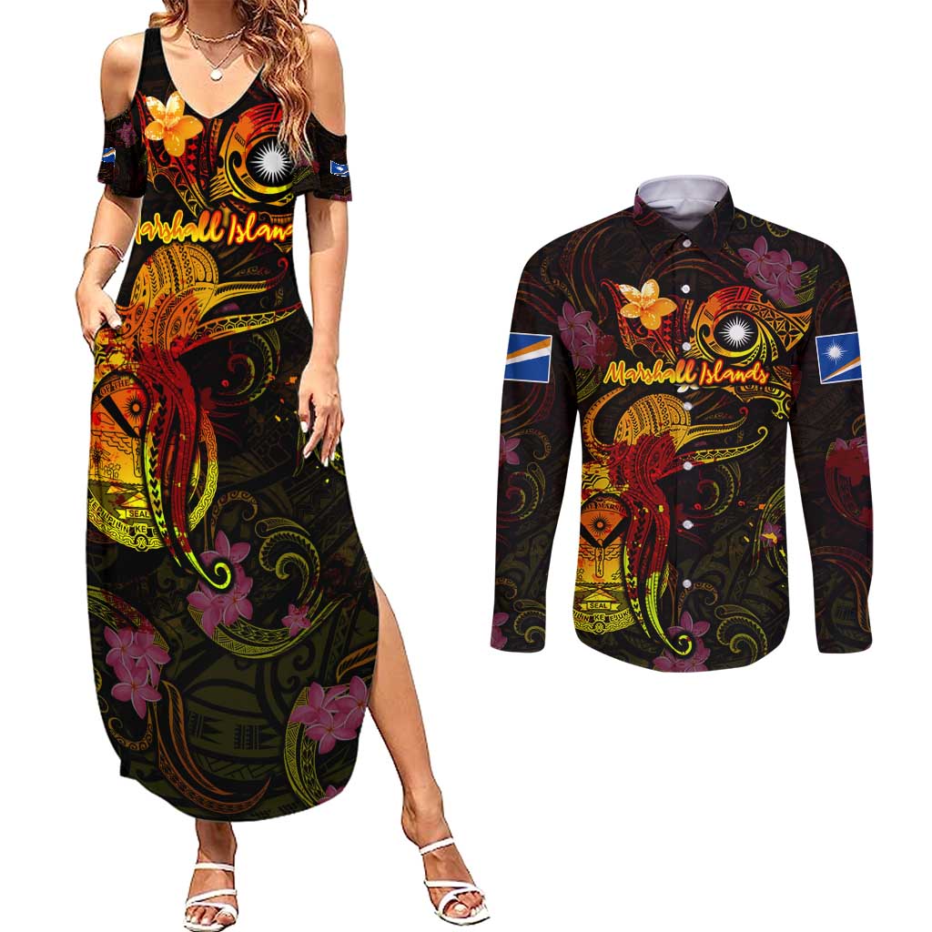 Marshall Islands Couples Matching Summer Maxi Dress and Long Sleeve Button Shirt Octopus Plumeria Polynesian Tattoo